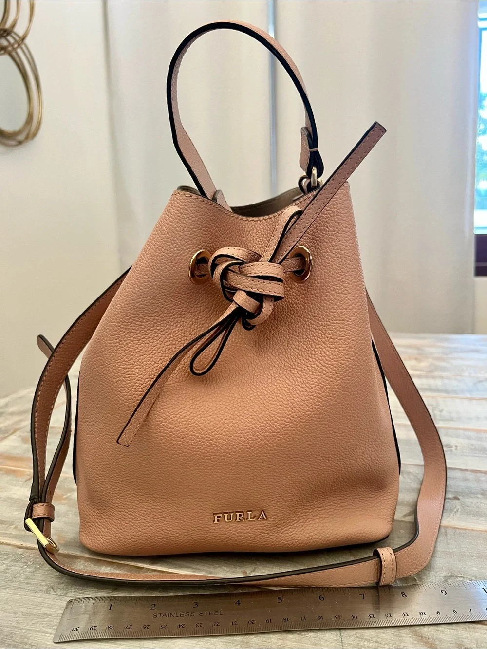 Furla Genuine Leather Drawstring Bucket Bag – Blush Pink Crossbody & Top Handle